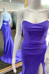 Purple Strapless Tie-Back Mermaid Long Formal Dresses with Slit