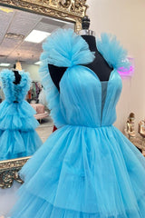 Blue Tulle Ruffles Multi-Layers Plunging V Neck Long Prom Dress