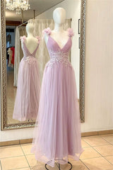 Pink Deep V Neck Flowers Pleated Appliques Long Prom Dresses