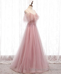 Pink Sweetheart Tulle Long Prom Dress, Pink Tulle Formal Dress, 1