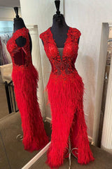 Red Lace Feather V-Neck Long Prom Dresses with Slit