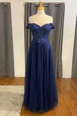 Navy Blue Appliques Off-the-Shoulder A-Line Formal Dresses