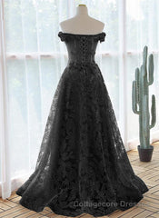 A-Line Off Shoulder Black Tulle With Lace Party Dress, Black Long Prom Dress