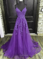 V-Neckline Purple A-Line Straps Long Prom Dress, Purple Long Evening Dress Party Dress