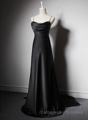 Black Soft Satin A-Line Floor Length Prom Dress, Black Straps Long Evening Dress