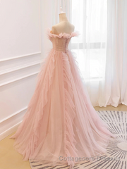 Pink Tulle Off The Shoulder A-Line Tulle Ruffles Floor-Length Prom Dress, Pink Long Party Dress