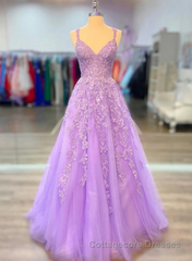 A-Line Tulle Princess Light Purple Prom Dress With Appliques, Tulle Straps Formal Dress