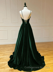 Green V-Neckline Straps Lace-Up A-Line Prom Dress, Green Velvet Long Prom Dress