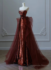 Wine Red Sequins and Tulle Beaded Long Party Dress, Wine Red Evening Dress