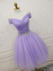 Purple Off Shoulder Tulle Sequin Prom Dress, Purple Homecoming Dress