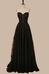 Black Strapless A-line Appliques Tulle Long Prom Dress