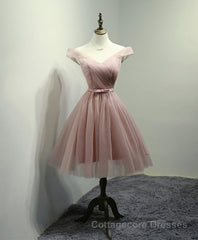 Simple V Neck Tulle Off Shoulder Short Prom Dress, Pink Homecoming Dress