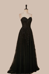 Black Strapless A-line Appliques Tulle Long Prom Dress