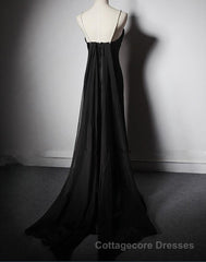 Black Soft Satin A-Line Floor Length Prom Dress, Black Straps Long Evening Dress