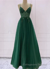 Green V-Neckline Beaded Tulle Floor Length Party Dress, A-Line Green Prom Dress