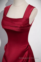 A-Line Sleeveless Wine Red Satin Evening Dress, Wine Red Long Prom Dress