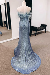 Sequins Feather Strapless Mermaid Long Prom Dress