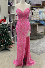 Hot Pink Sequin Sweetheart Long Prom Dresses with Slit