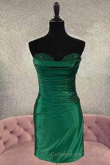 Hunter Green Strapless Beaded Pleated Sheath Homecoming Dress