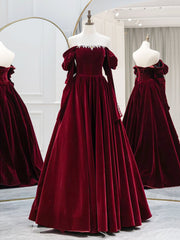 A-Line Long Sleeves Velvet Burgundy Long Prom Dresses, Burgundy Long Evening Dresses with Beads