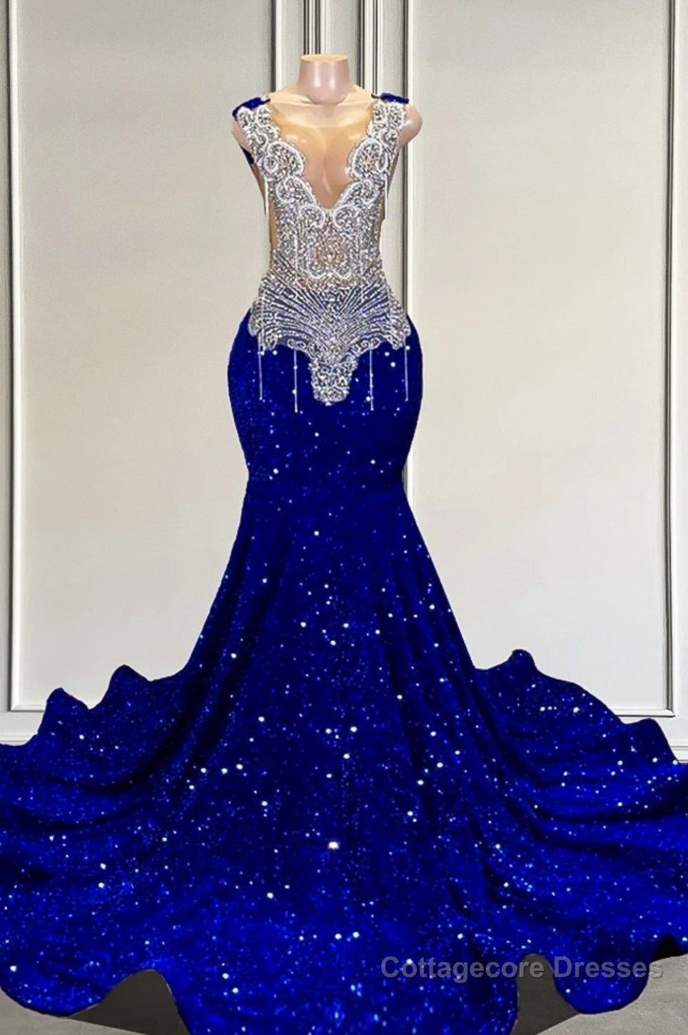 Royal Blue sequin Silver Beaded Mermaid Long V-neck Prom Dresses