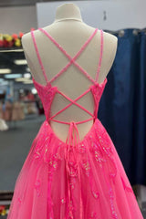 Hot Pink Tulle Appliques Lace-Up A-Line Long Prom Dress