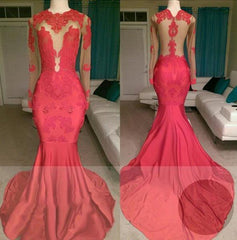 2025 Red Mermaid See Through Long Sleeves Satin Appliques Long Prom Dresses