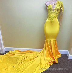 Charming One Shoulder Yellow See Through Mermaid Long Prom Dresses