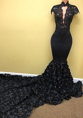 Sexy Mermaid Black High Neck Key Hole Rose Capped Sleeves Long Prom Dresses