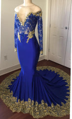 2025 Sexy Mermaid Royal Blue And Gold Appliques Long Sleeves V Neck Off Shoulder Prom Dress