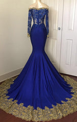 2025 Sexy Mermaid Royal Blue And Gold Appliques Long Sleeves V Neck Off Shoulder Prom Dress