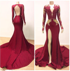 Sexy Sheath Burgundy And Gold Appliques Long Sleeves Side Slit V Neck Prom Dresses 2024