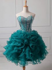 Ruffles Strapless Sweetheart Backless Rhinestone Organza Teal Homecoming Dresses