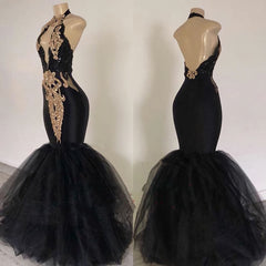 2025 Sexy Prom Dresses, Black Mermaid Tulle With Gold Appliques V Neck Backless