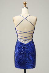 Royal Blue Sheath Lace-Up V Neck Sequins Homecoming Dress