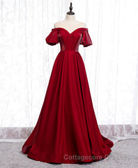 Simple Sweetheart Burgundy Satin Long Prom Dress, Burgundy Evening Dress