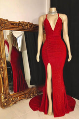 Red Side Slit Sequence V Neck Backless Long Prom Dresses 2024