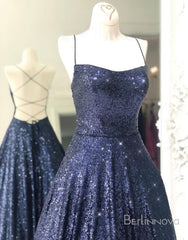 Long Navy Blue Sequin Prom Dress