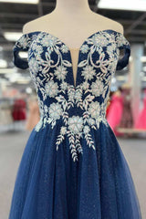 Navy Blue Floral Applique Lace-Up A-Line Long Prom Dress