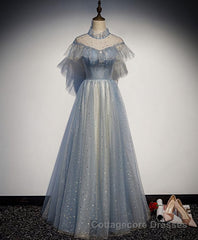 Light Blue Tulle Lace Long Prom Dress, Tulle Evening Dress