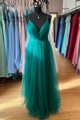 Hunter Green A-line Plunging V Neck Double Straps Pleated Long Prom Dress