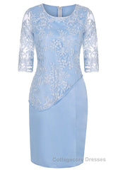 Light Blue Crew Neck Lace Half Sleeve Short Mother of the Bride Dress