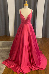 A-Line Red Satin Plunge Neck Long Formal Dresses