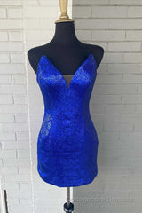 Blue Sequin Strapless Bodycon Homecoming Dress