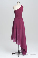 One Shoulder Plum Asymmetric Chiffon Long Party Dress