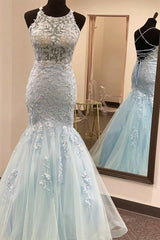 Light Blue Tulle Lace Halter Lace-Up Back Trumpet Long Dresses