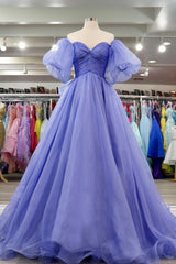 Lavender Tulle A-line Off-Shoulder Puff Sleeves Pleated Long Prom Dress