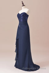 Navy Blue Two-Piece Sweetheart Ruffled Long Mother of the Bride Dress