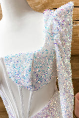 Iridescent White Sequins Long Sleeves Square Neck Homecoming Dress