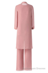 Three-Piece Pink Chiffon Half Sleeve Mother of the Bride Pant Suits